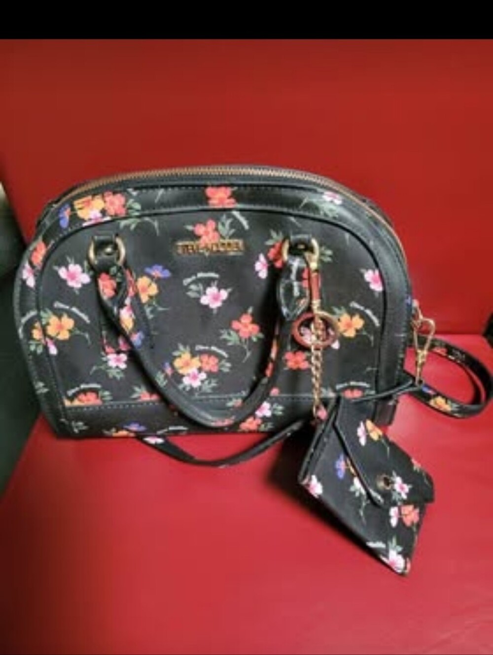 Black Floral Dome Satchel with Multicolor Blooms